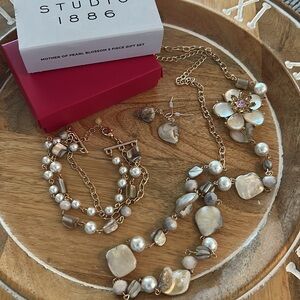 Avon mother of pearl & goldtone jewelry set NEW necklace, earrings, bracelet